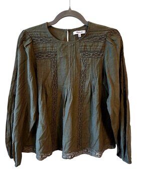 Madewell With Tag Olive Green Lace-Trim Pintuck Long-Sleeve Blouse Womens XS
